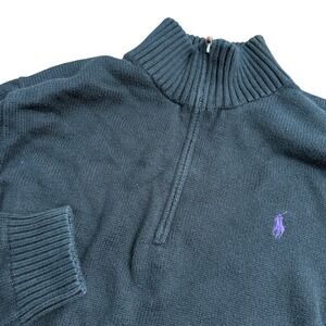 Polo Ralph Lauren Mens Black 100% Cotton Quarter Zip Sweater Purple Pony Large